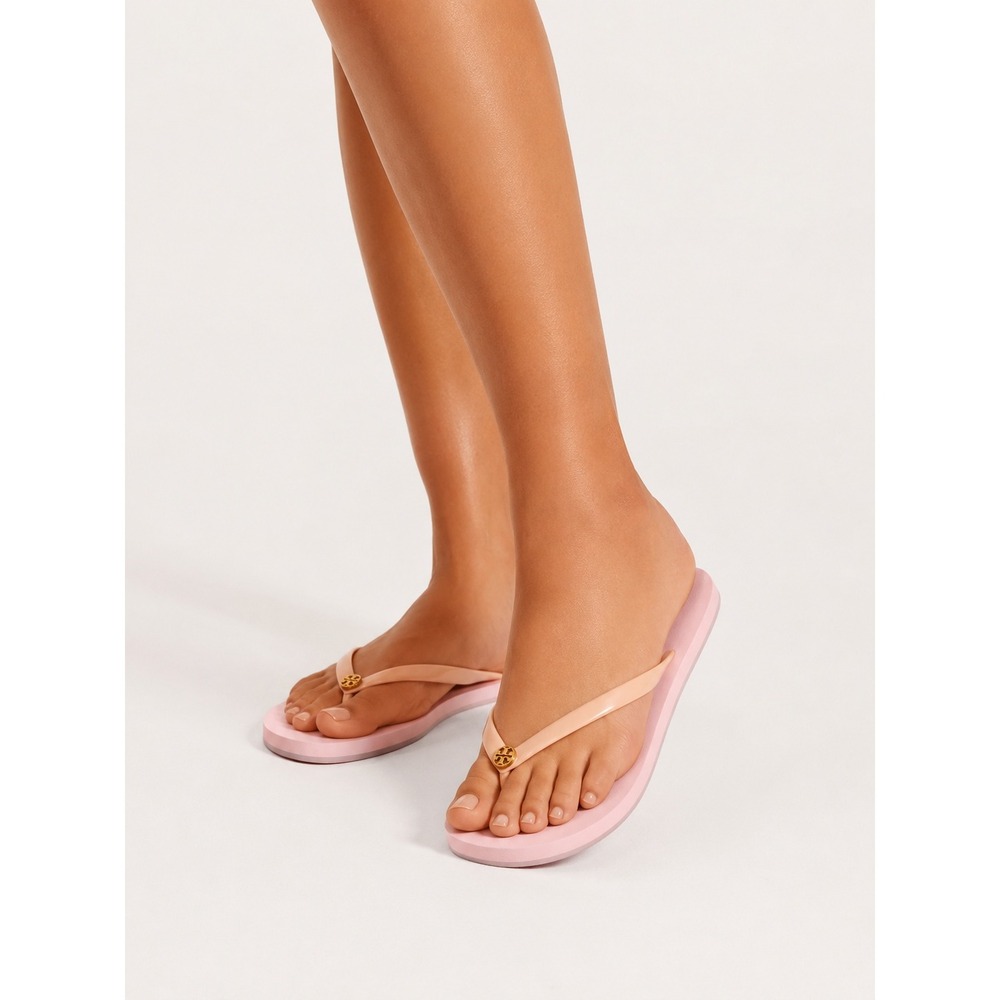 Tory Burch Pink Thin Flip Flop Sandals Gold Logo Medallion Size 5 M